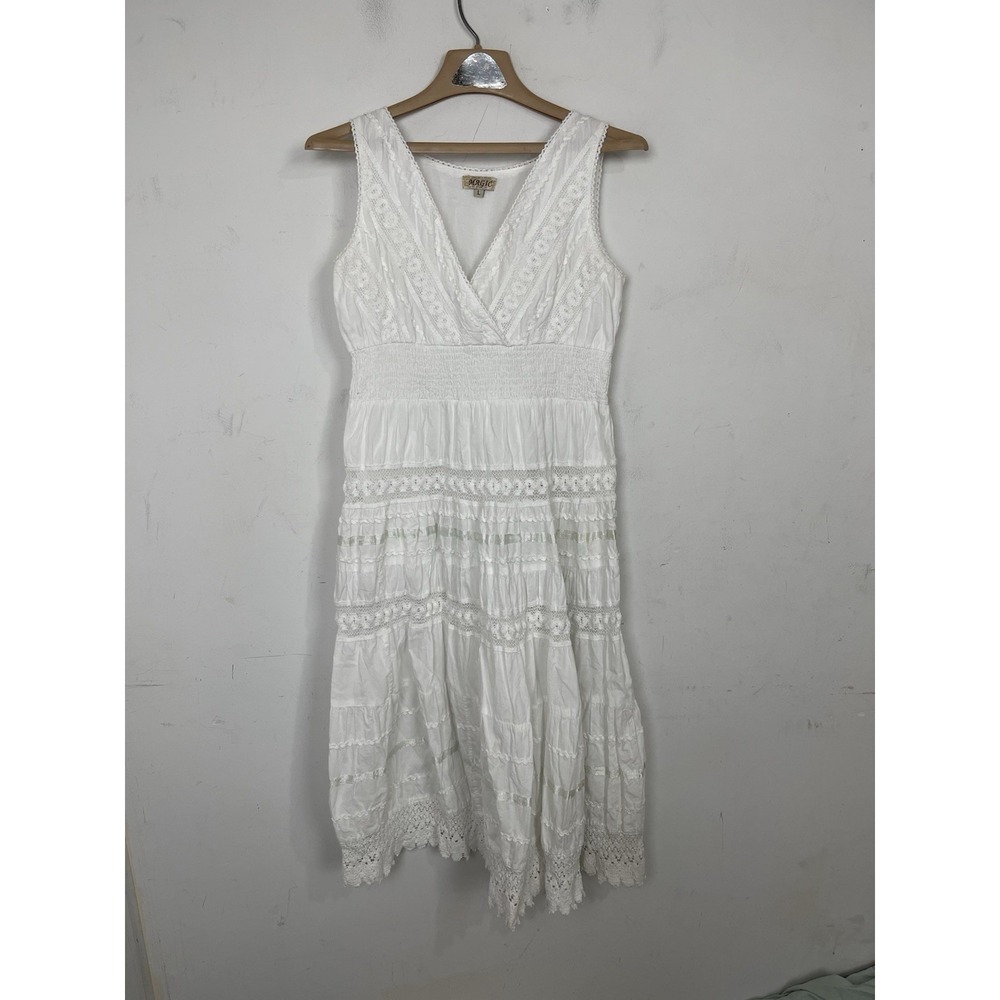 Magic Womens Dress Large White Fairy Crochet Country Cottage Tiered Coastal